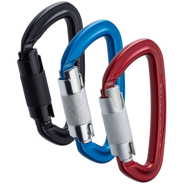 black blue & red twist lock carabiners